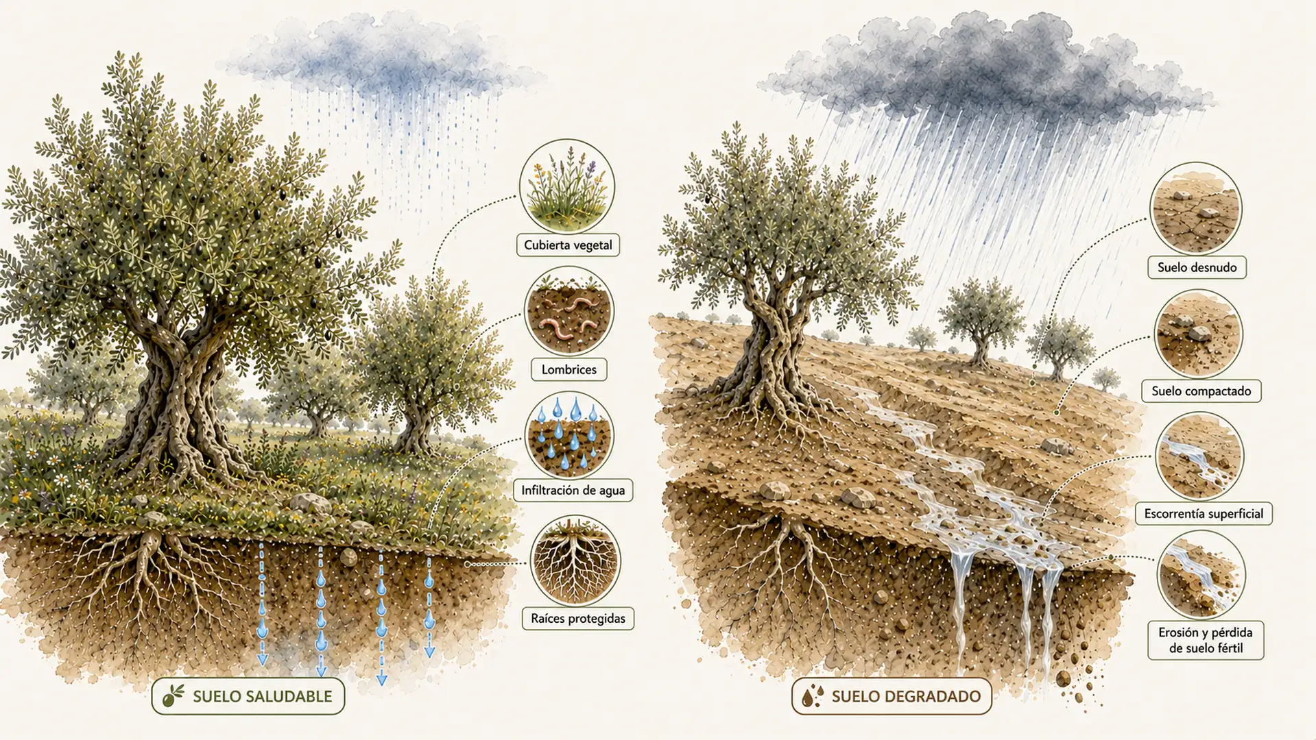 Infografía comparativa entre un olivar con cubierta vegetal y otro con el suelo desnudo, mostrando sus efectos sobre la erosión y la conservación del terreno.