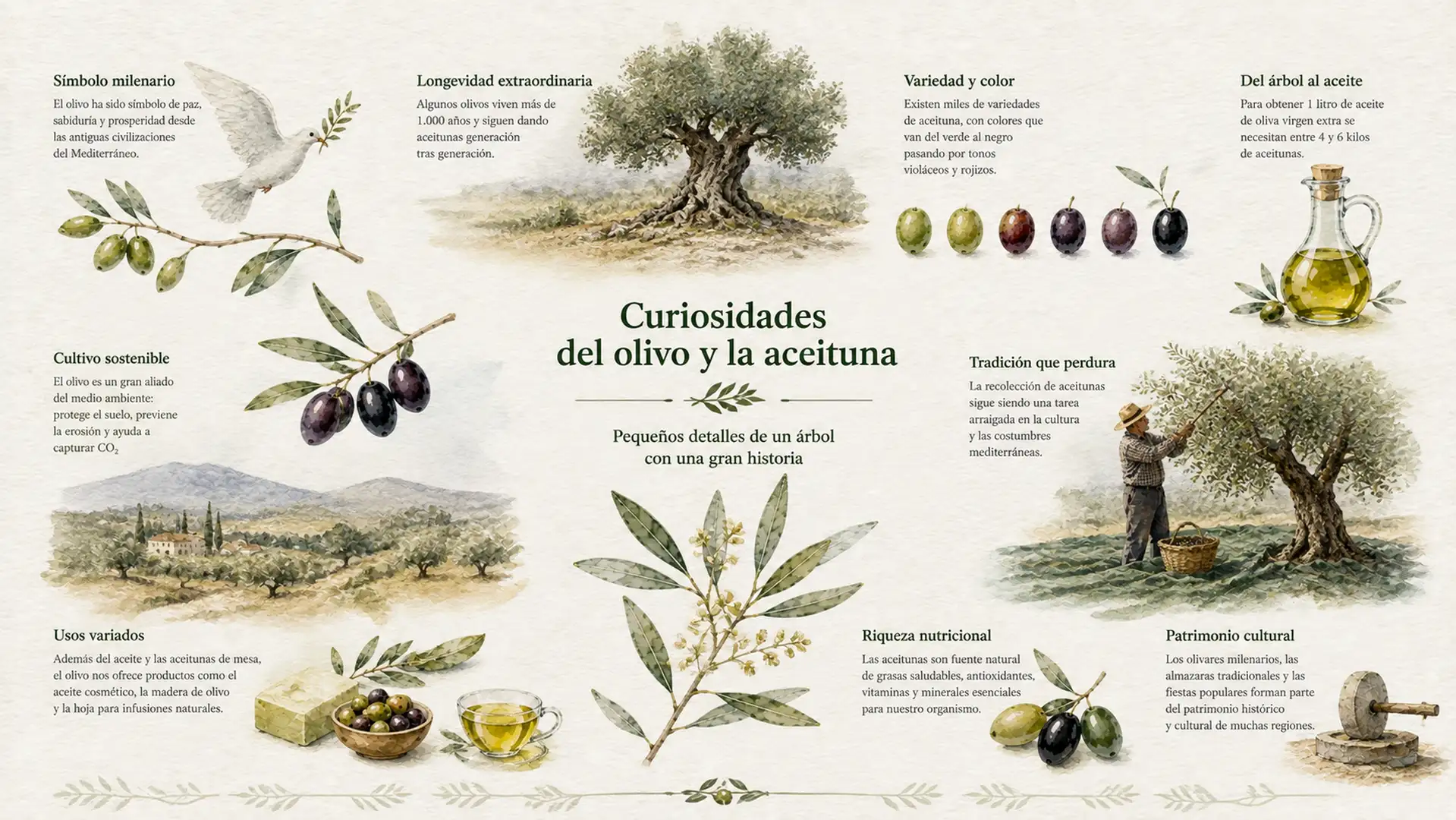 Infografía editorial con diversas curiosidades relacionadas con las aceitunas y sus principales características.