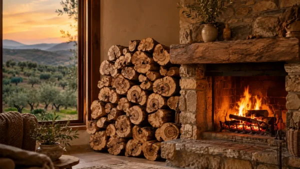 Leña de olivo apilada junto a una chimenea en un hogar mediterráneo.