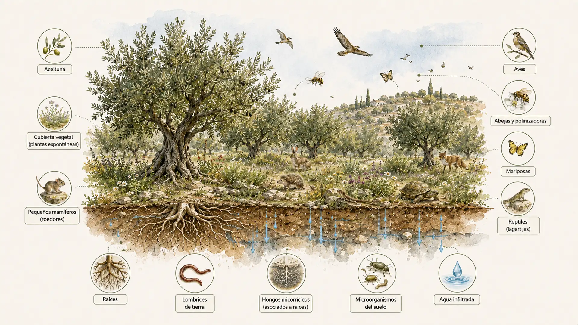 Infografía que representa el olivar como un ecosistema mediterráneo donde interactúan árboles, cubierta vegetal, fauna, suelo y clima.