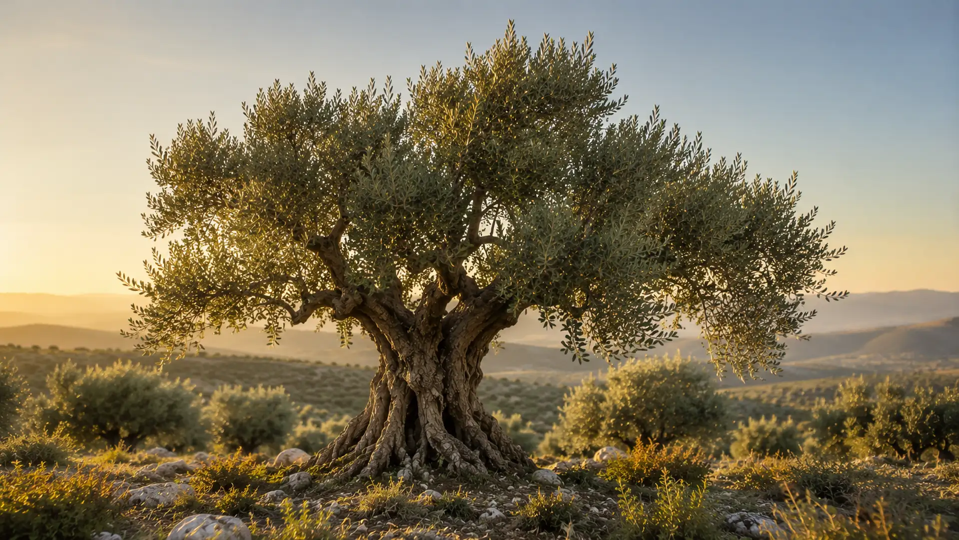Olivo creciendo de forma natural en un paisaje mediterráneo seco y soleado.