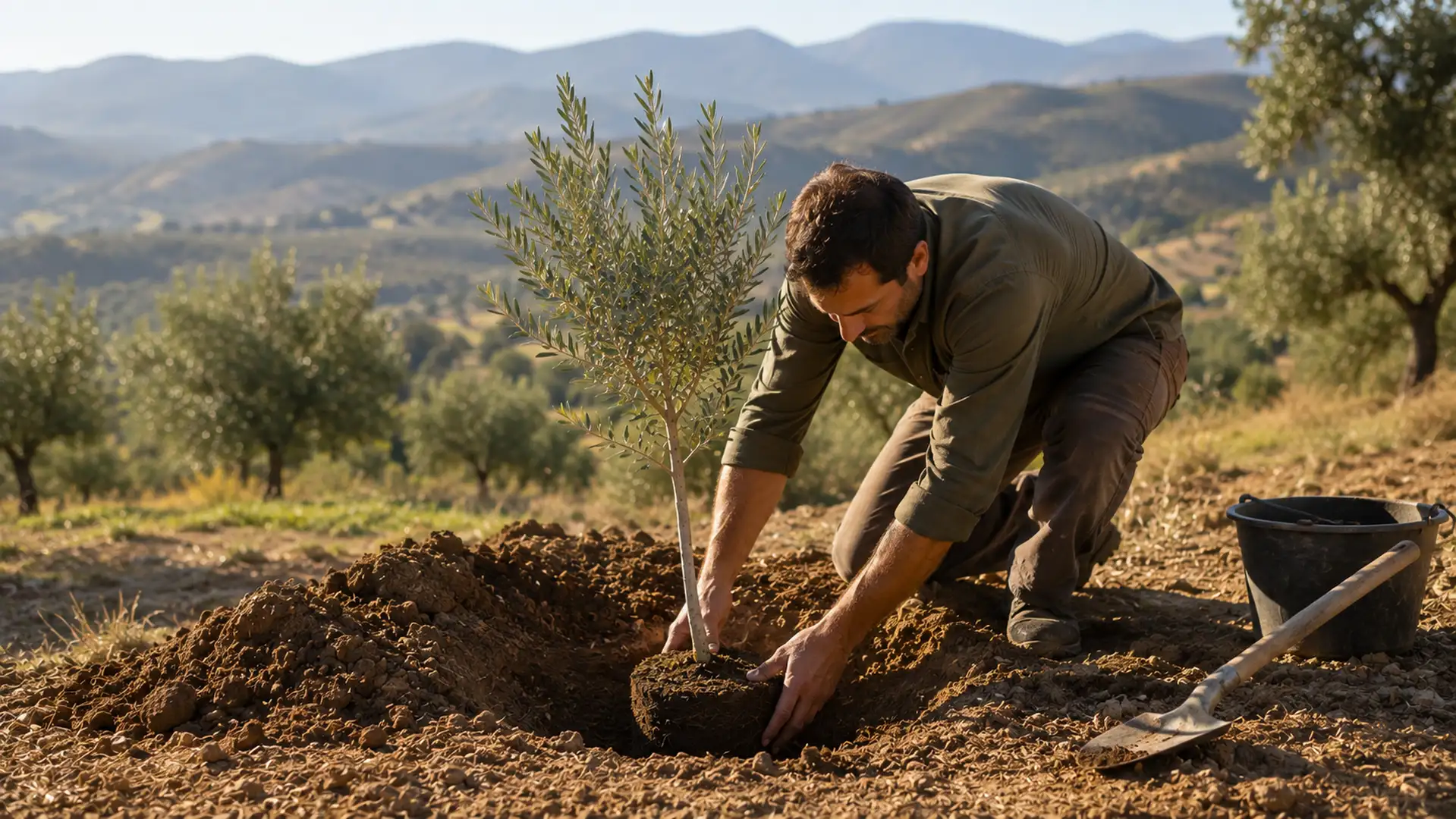Olivo joven siendo plantado en un terreno mediterráneo correctamente preparado.