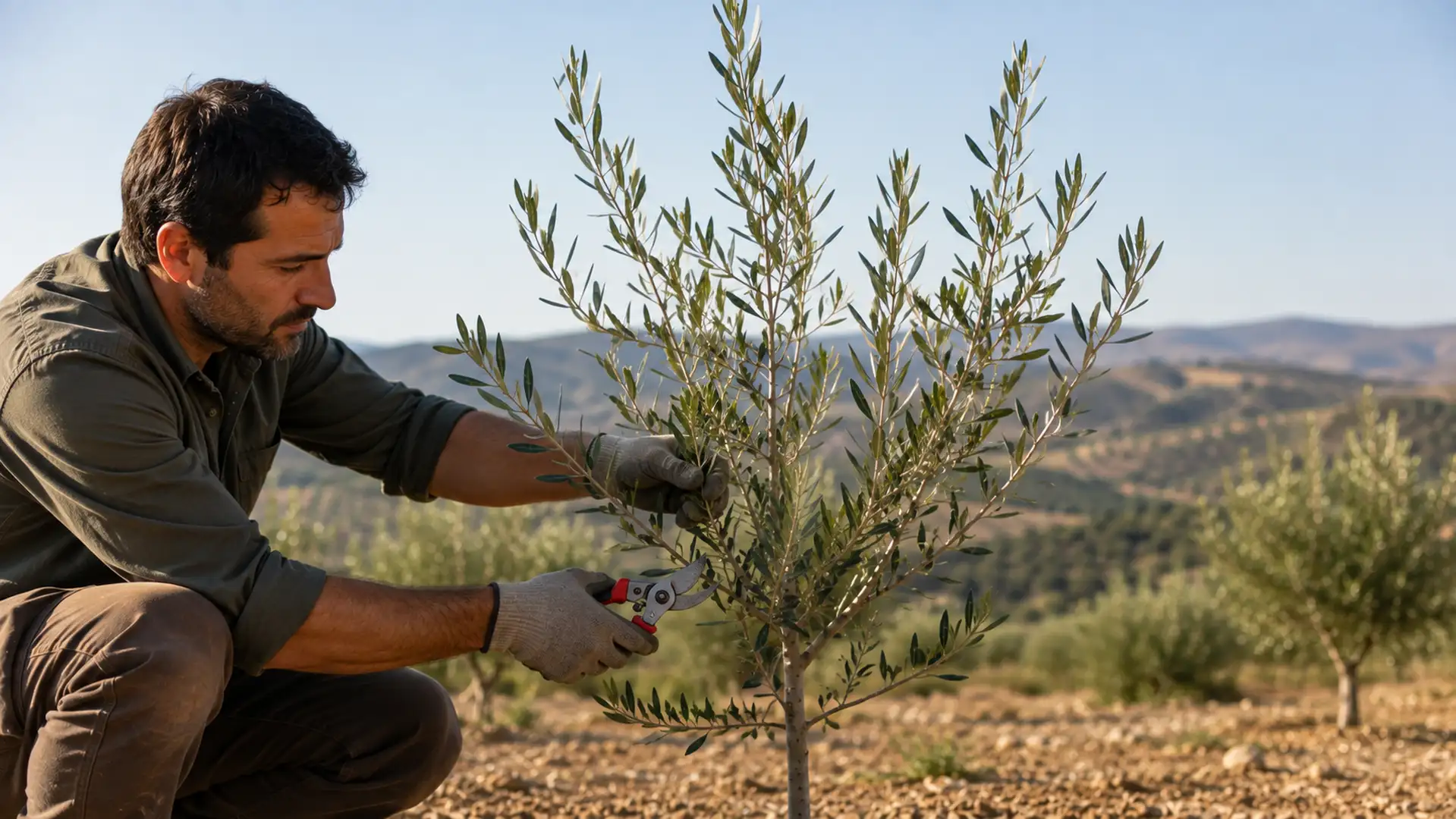 Agricultor realizando la poda de formación de un olivo joven con herramientas adecuadas.