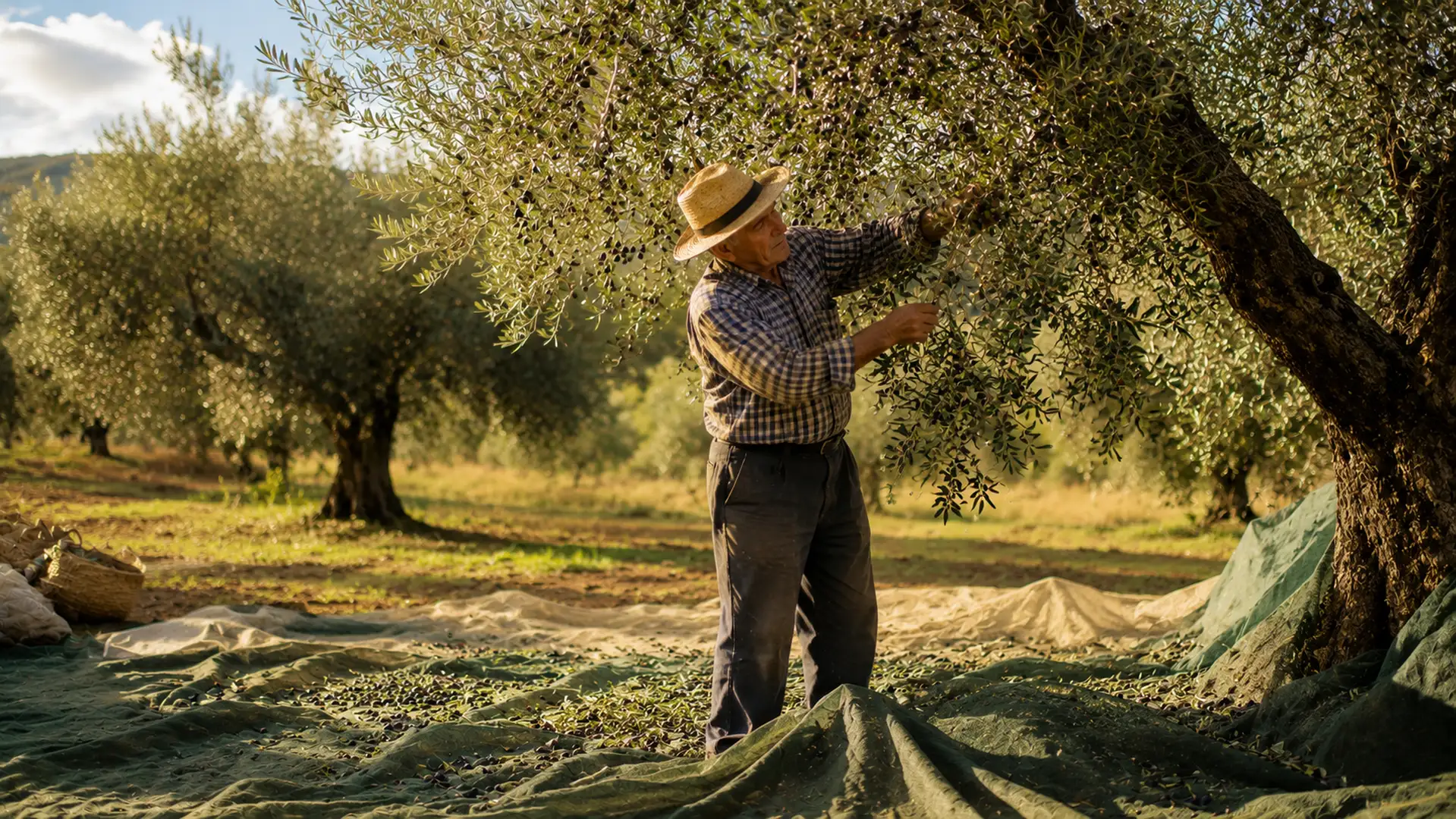 Fotografía de la recolección manual de aceitunas en un olivar mediterráneo tradicional.