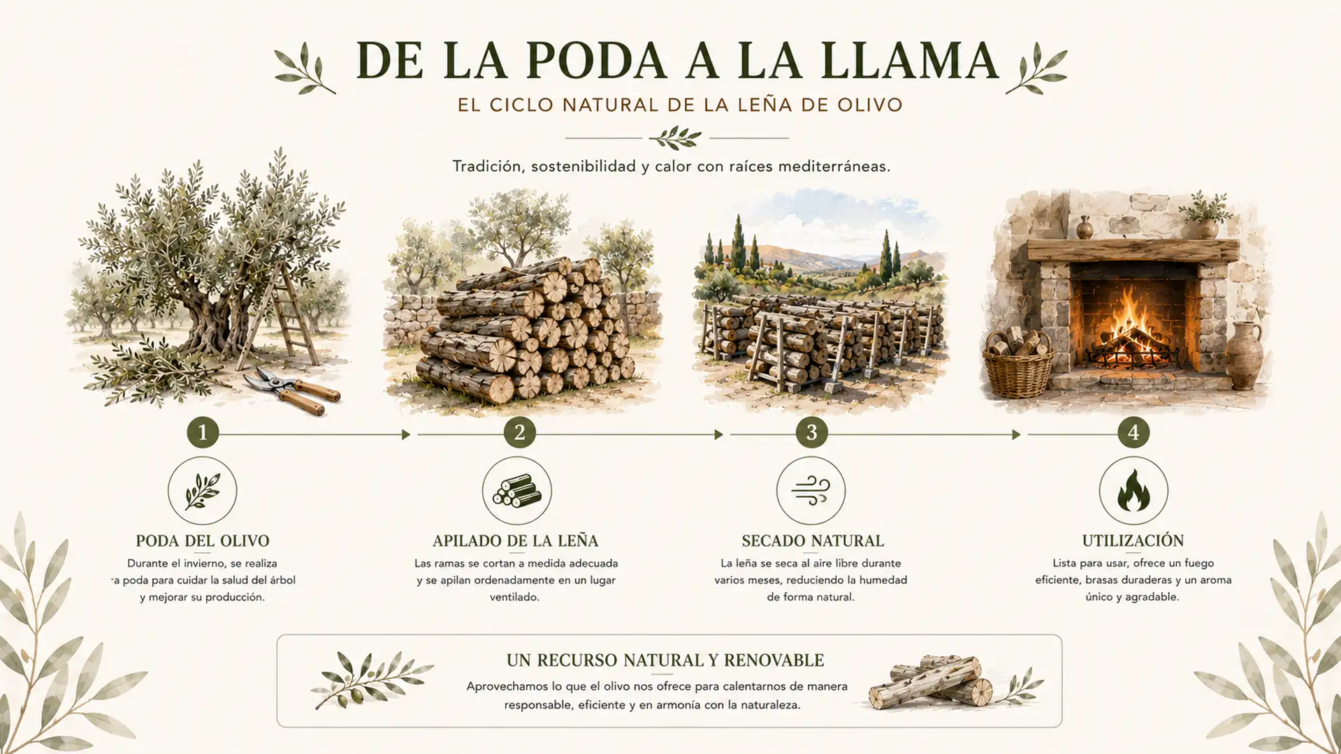Infografía con las etapas del secado de la leña de olivo.