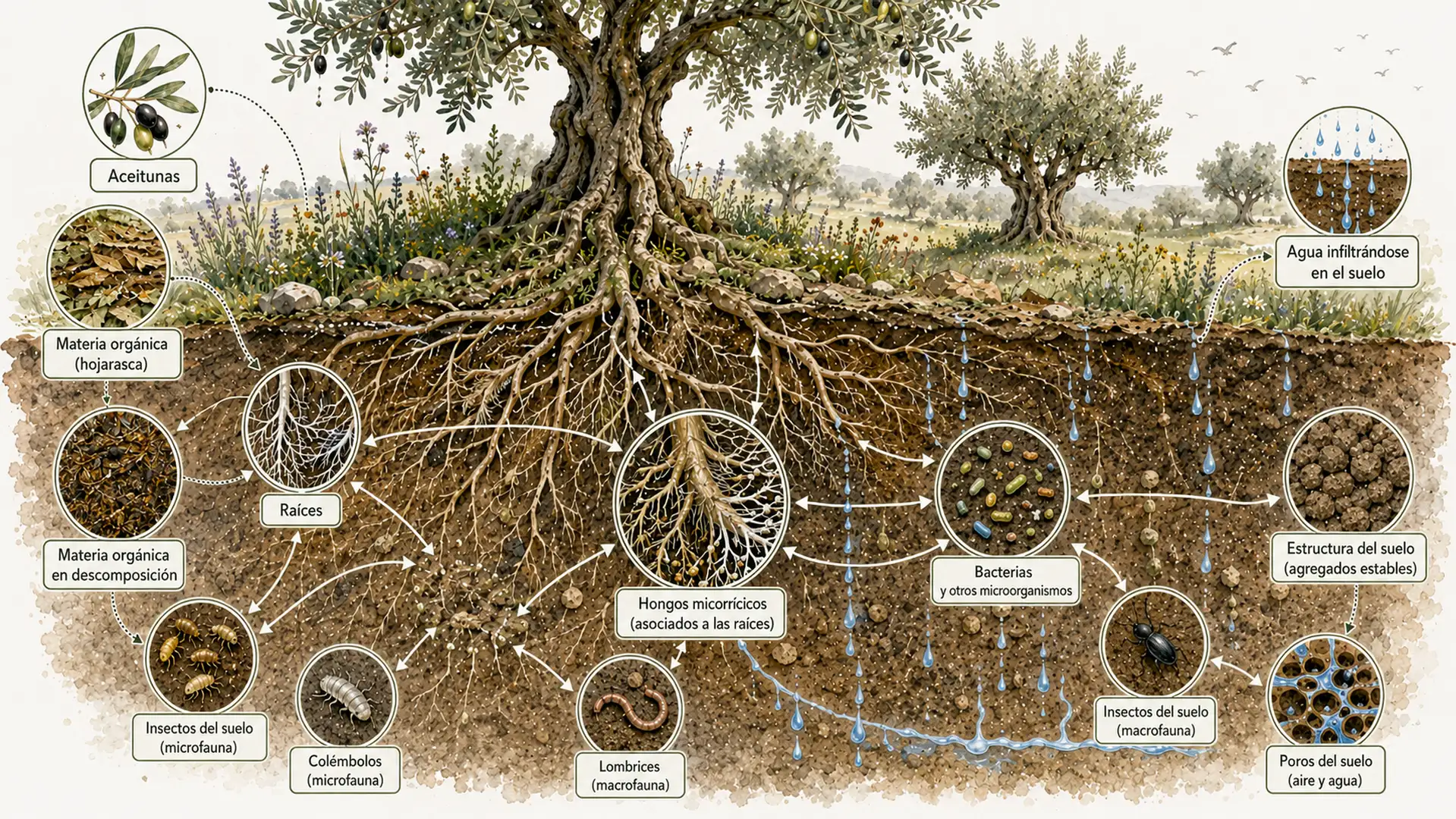 Ilustración científica en sección transversal que muestra las raíces del olivo y los principales organismos que habitan el suelo.
