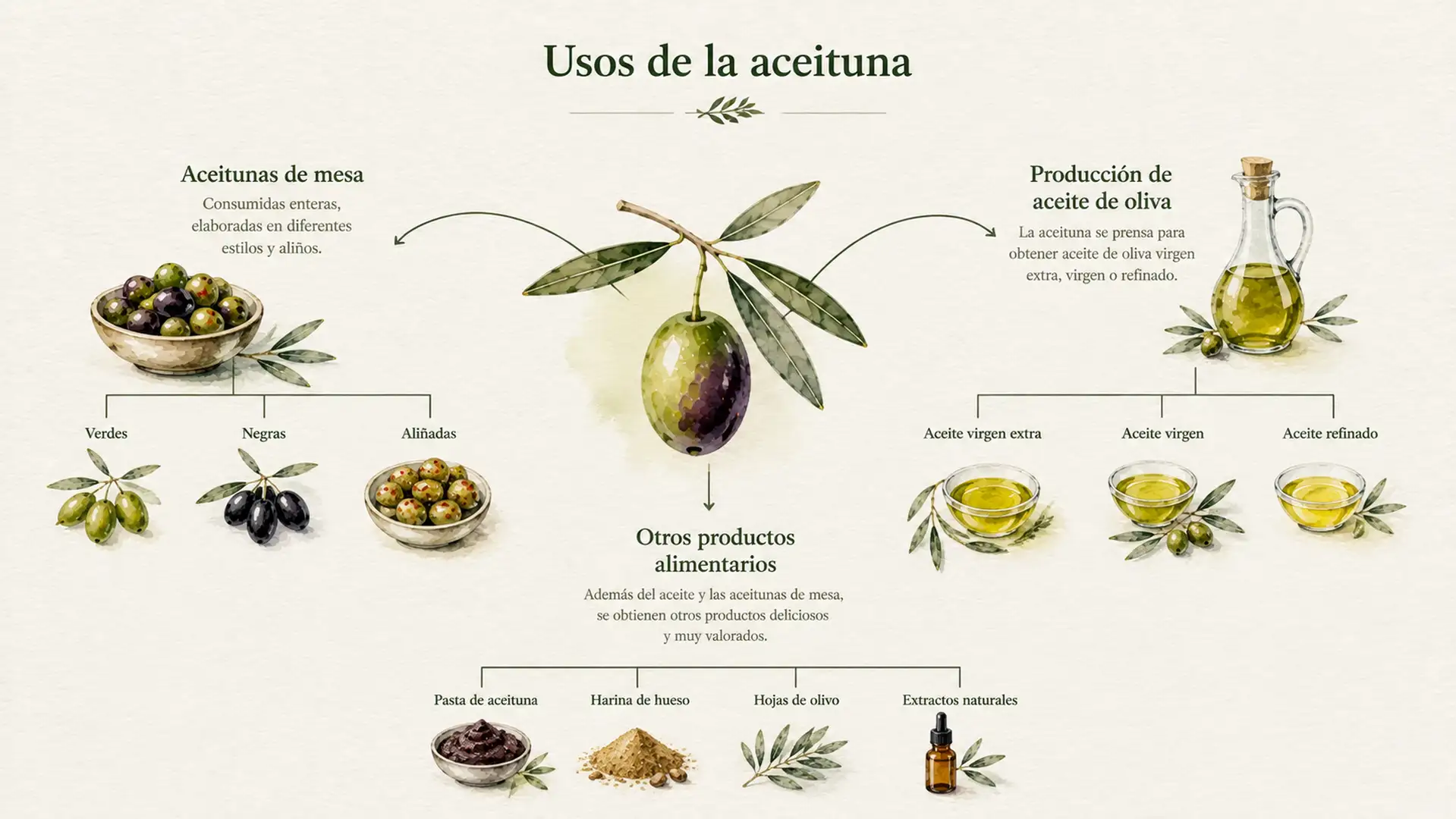 Infografía que representa los principales usos de las aceitunas: consumo en mesa, producción de aceite y otros productos derivados.