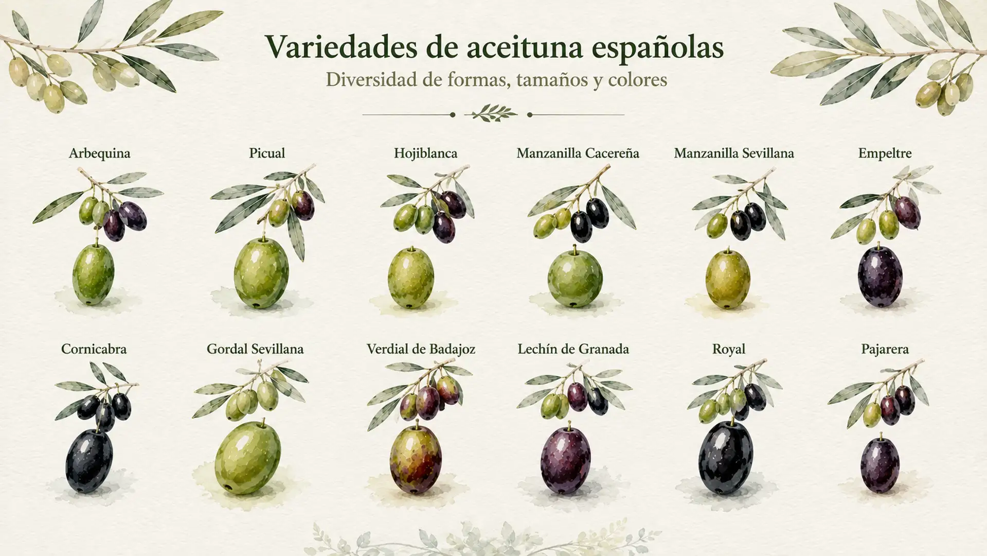 Infografía botánica que muestra las principales variedades españolas de aceituna, diferenciadas por su forma, tamaño y color.