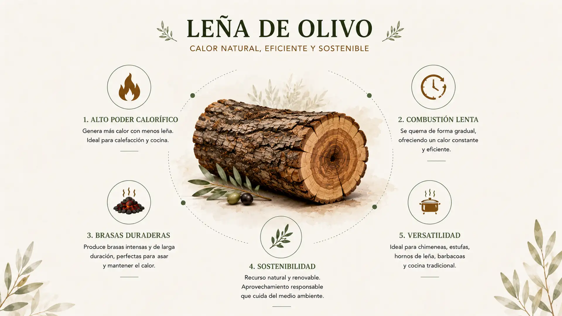 Infografía con las principales ventajas de la leña de olivo.