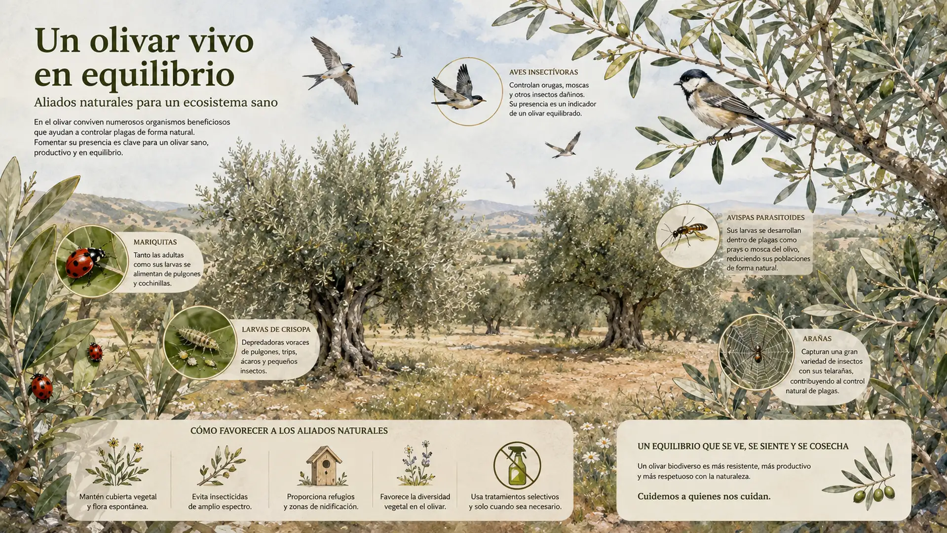 Ilustración editorial mostrando un olivar donde diferentes organismos beneficiosos ayudan a controlar las plagas de forma natural.