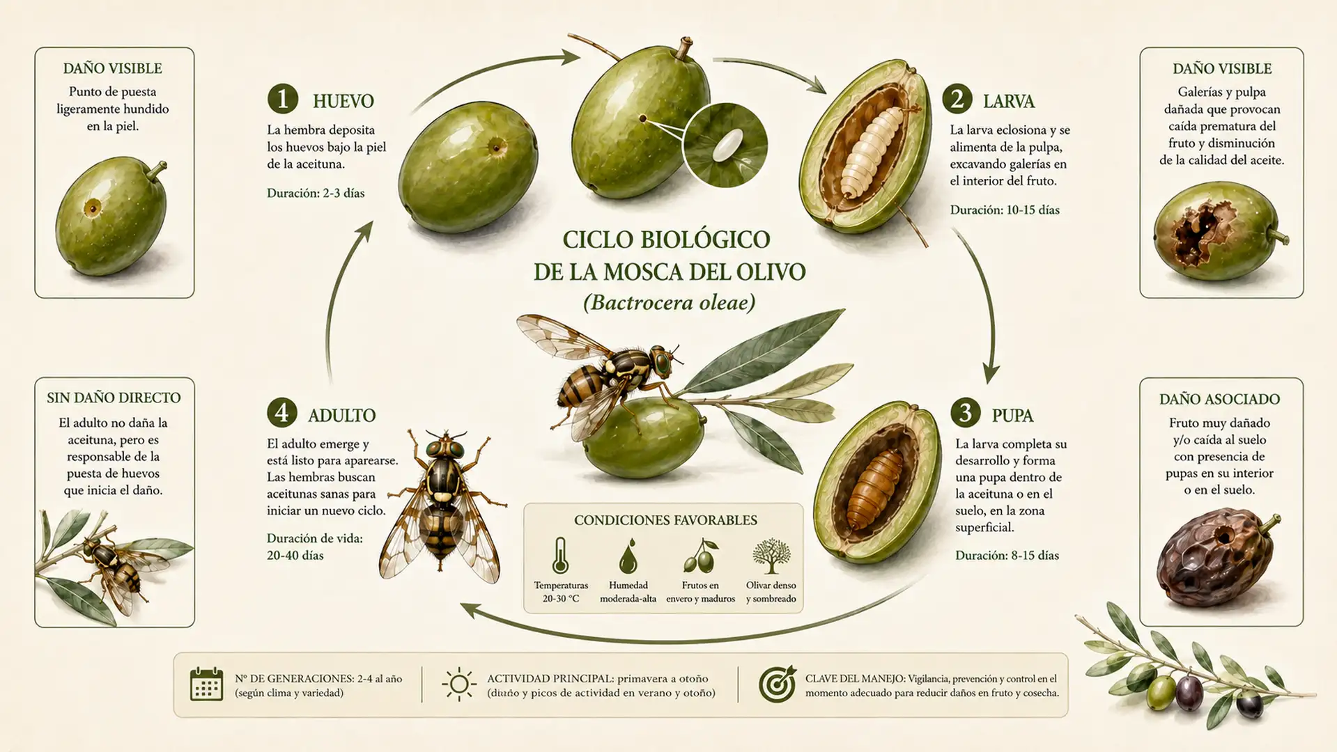 Infografía mostrando las diferentes fases del ciclo biológico de la mosca del olivo y los daños que provoca en la aceituna.