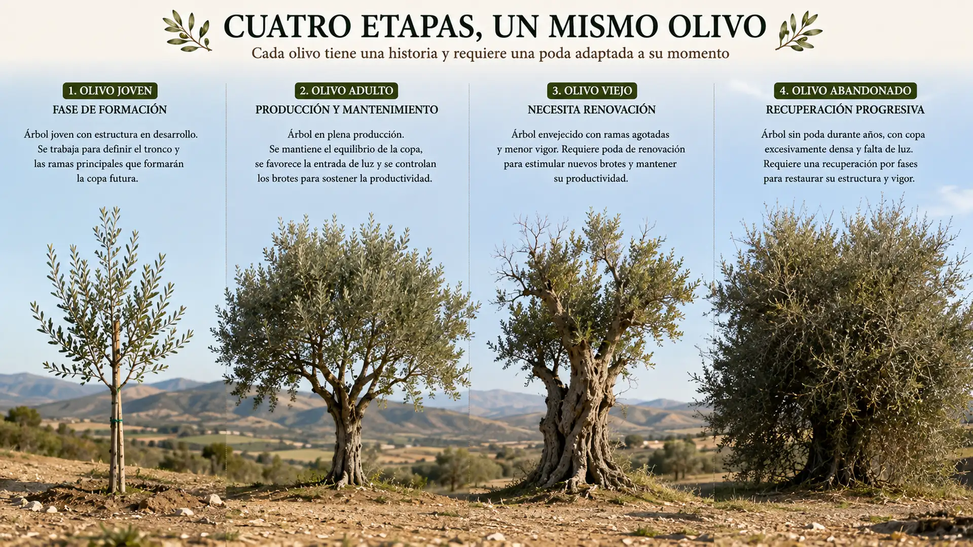 Comparativa entre la poda de olivos jóvenes, adultos, viejos y abandonados.