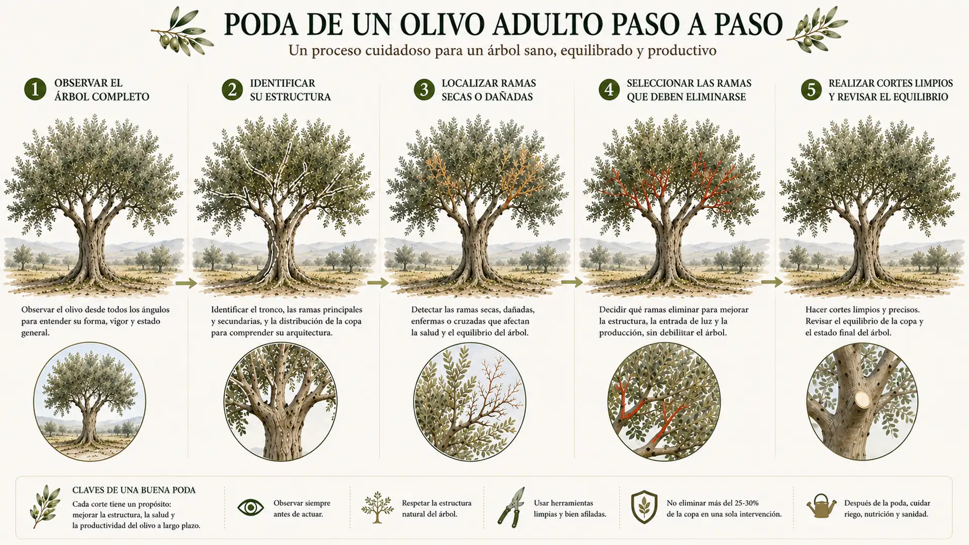 Secuencia ilustrada de los principales pasos para observar, seleccionar y podar correctamente un olivo.