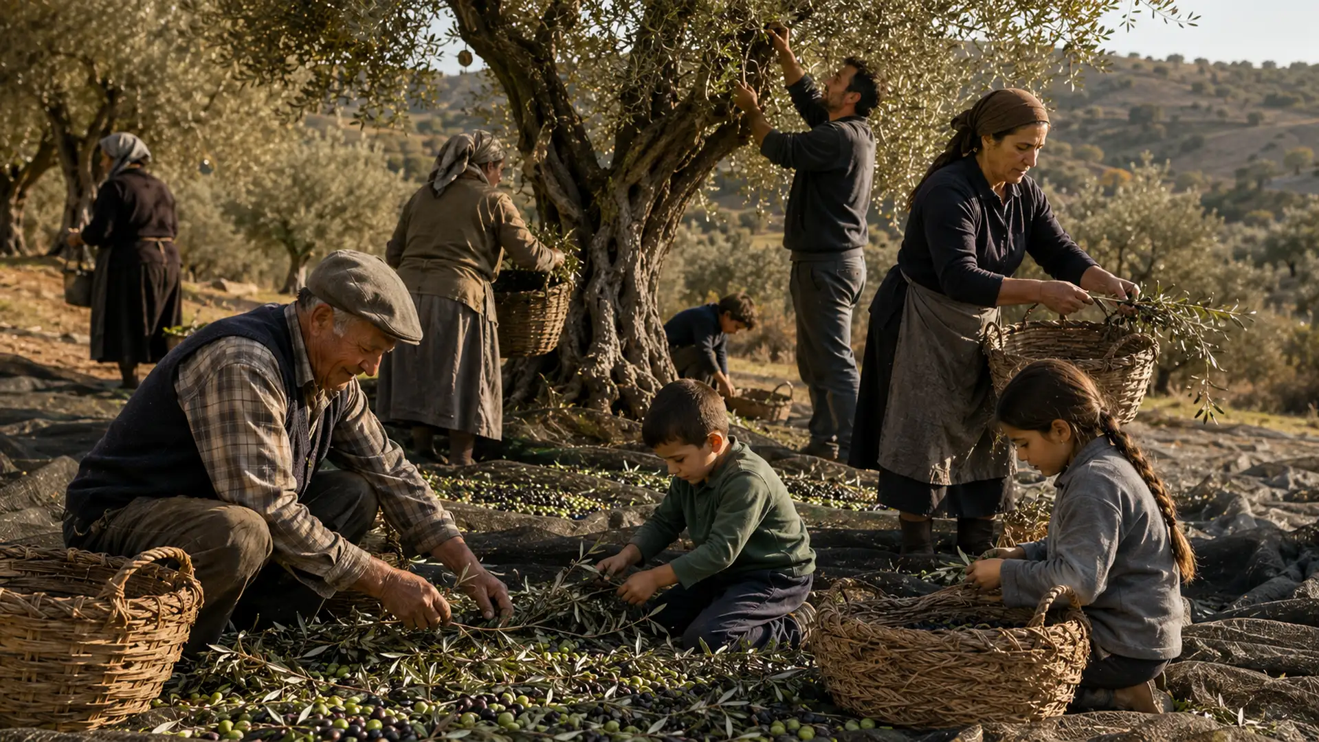 Cosecha tradicional de aceitunas en un olivar mediterráneo