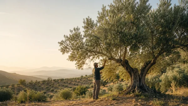Persona observando la estructura de un olivo antes de realizar la poda.