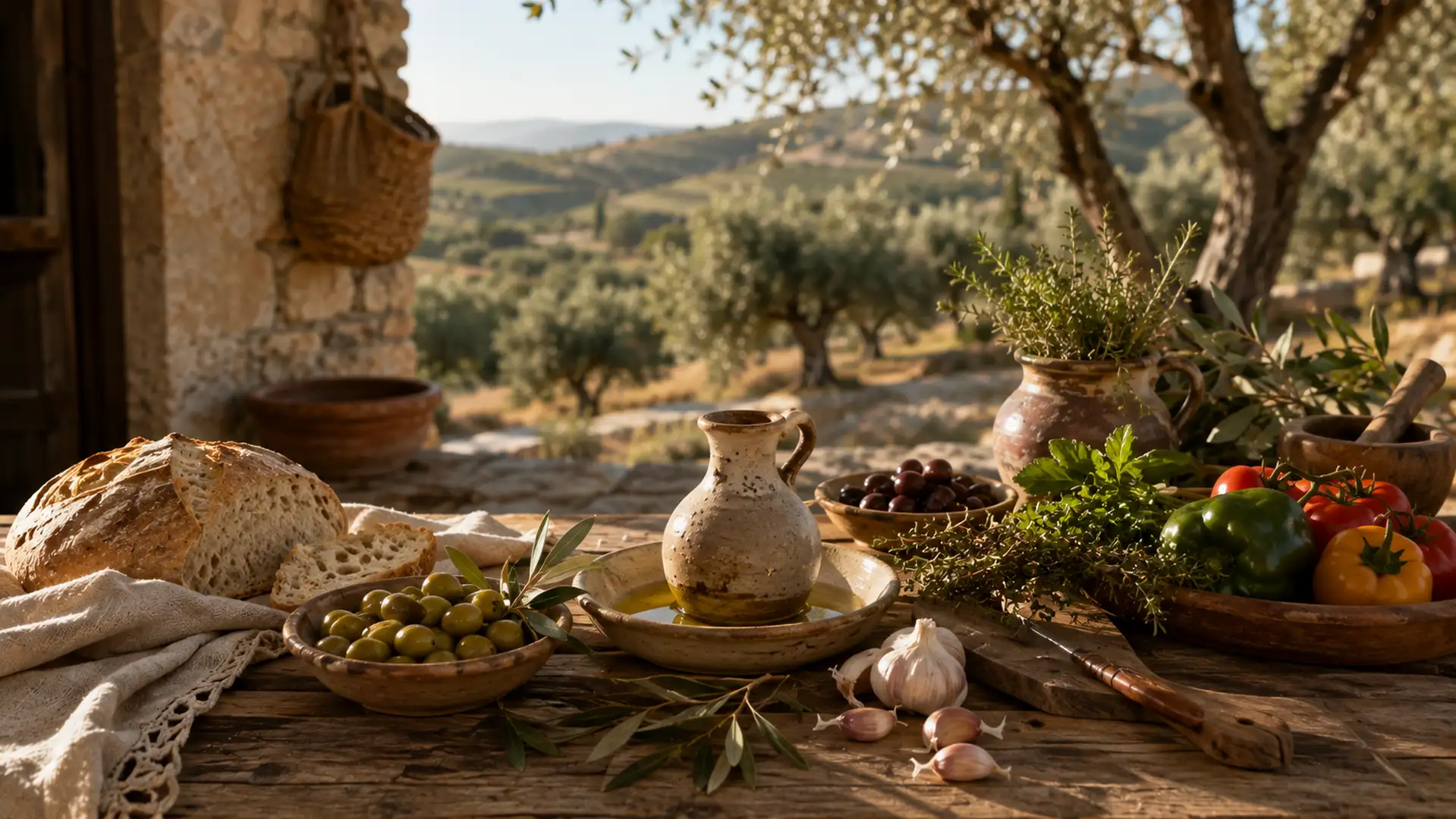 Aceitunas y aceite de oliva en una mesa tradicional mediterránea