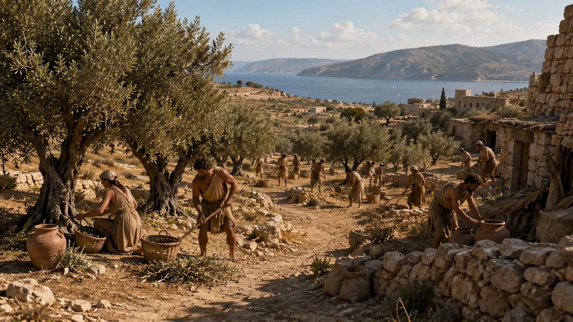Antigua comunidad mediterránea cultivando olivos