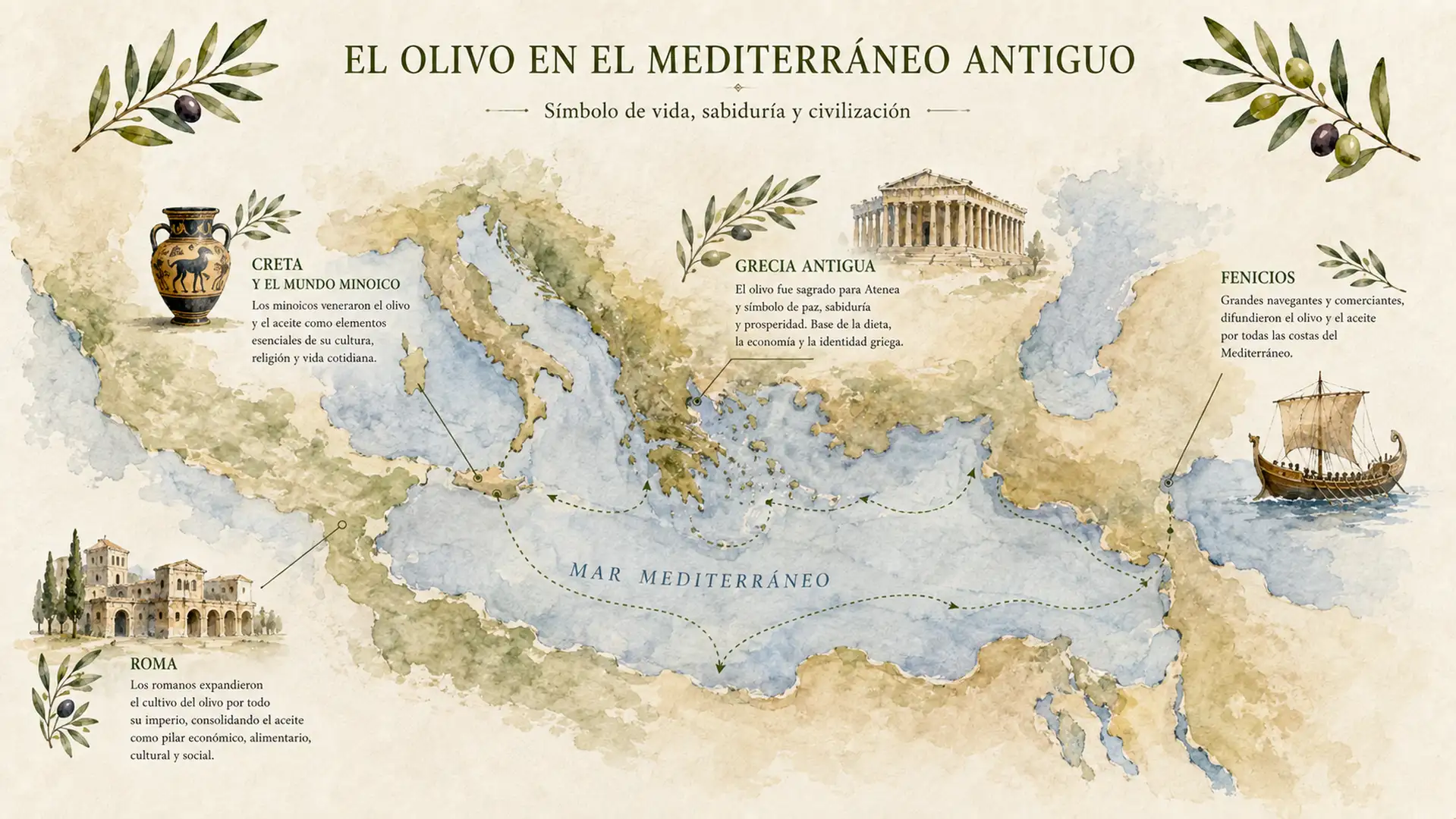 Mapa ilustrado del olivo en las antiguas civilizaciones mediterráneas