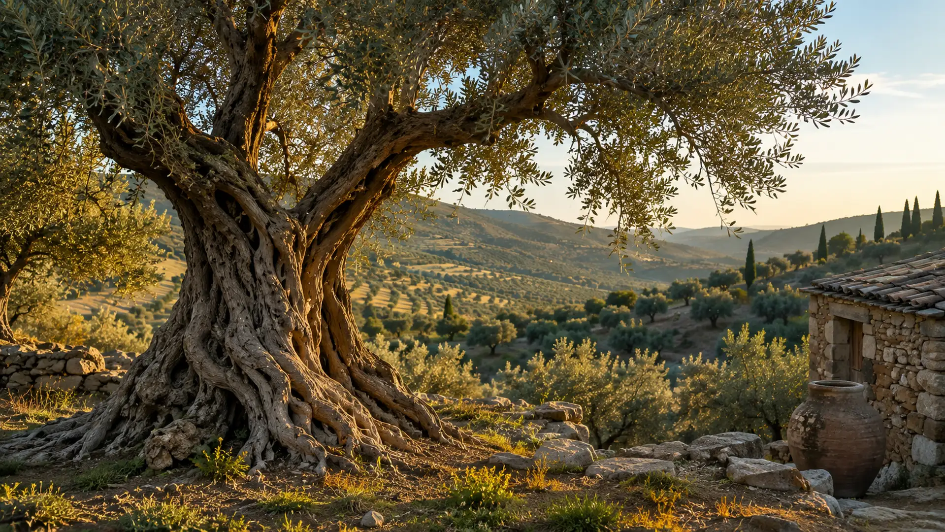 Olivo centenario al atardecer en un paisaje mediterráneo