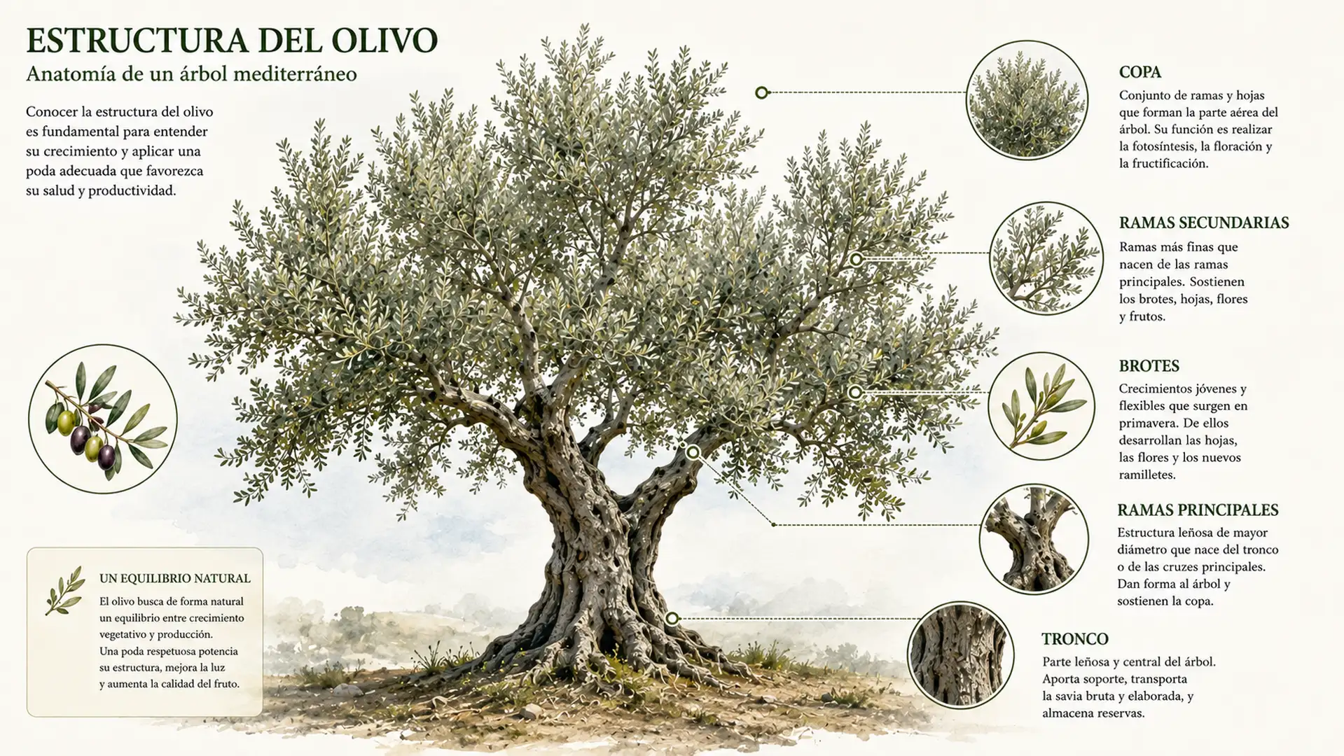 Infografía de la estructura de un olivo mostrando tronco, ramas principales, ramas secundarias, brotes y copa.