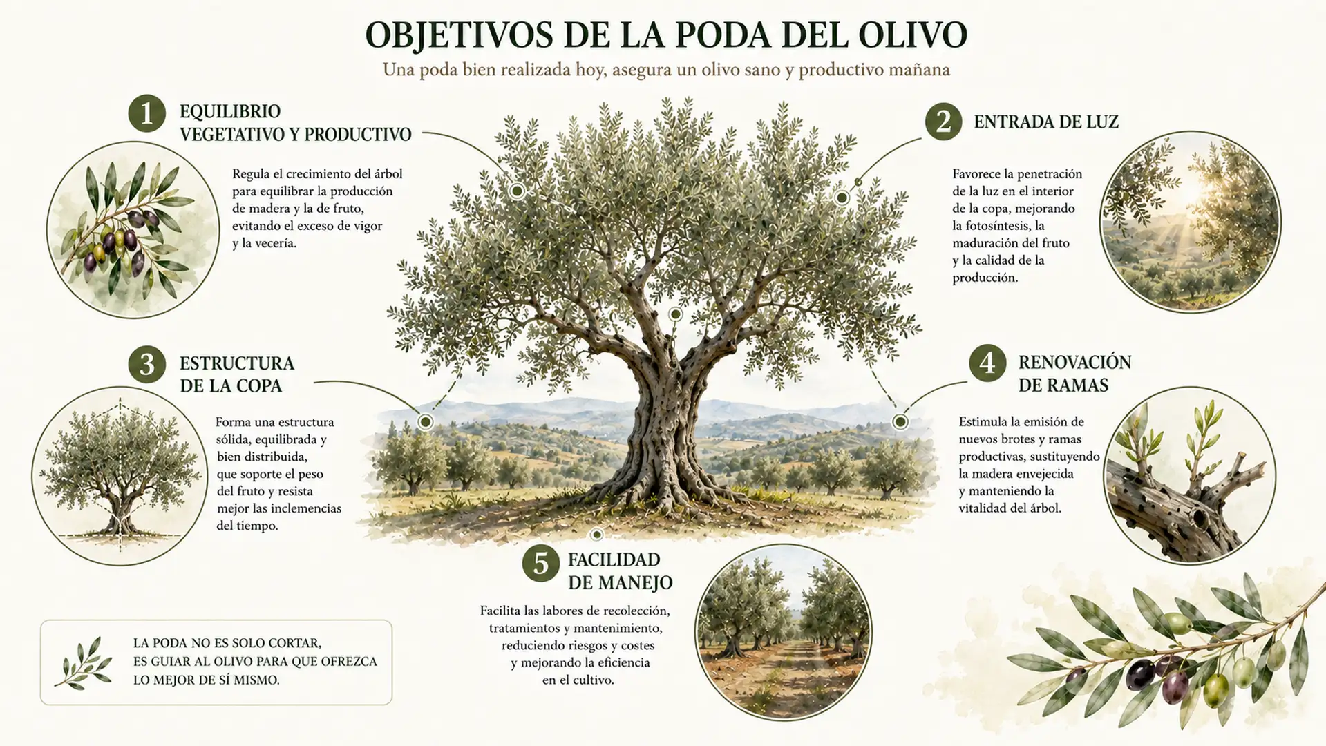 Infografía que muestra los principales objetivos de la poda del olivo relacionados con estructura, luz, producción y manejo.