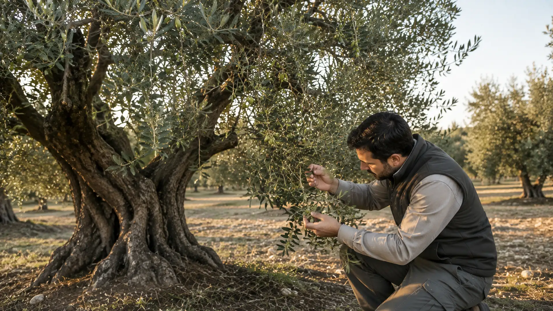 Fotografía editorial de un olivo adulto siendo inspeccionado para detectar posibles síntomas de plagas o enfermedades.