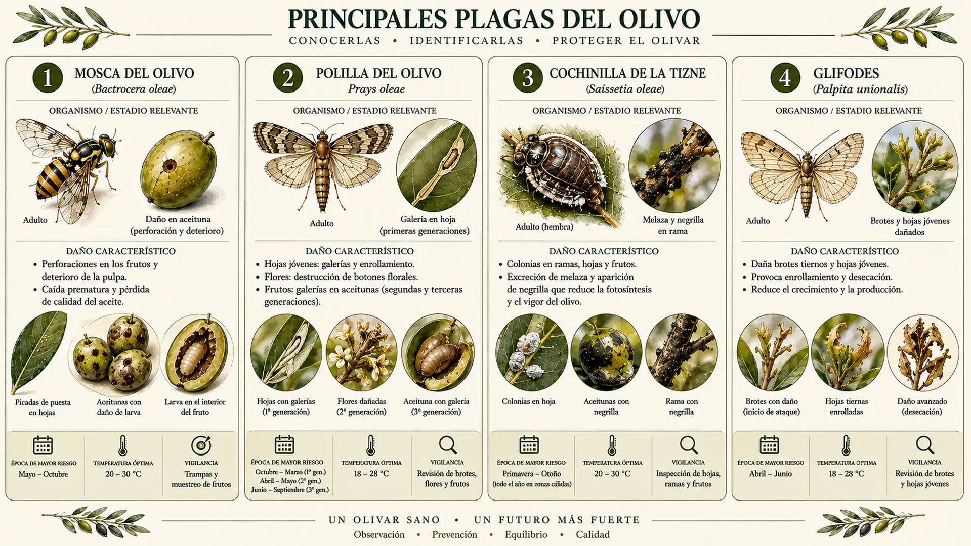 Comparativa visual de las principales plagas del olivo mostrando el insecto y los daños característicos que produce sobre el árbol.