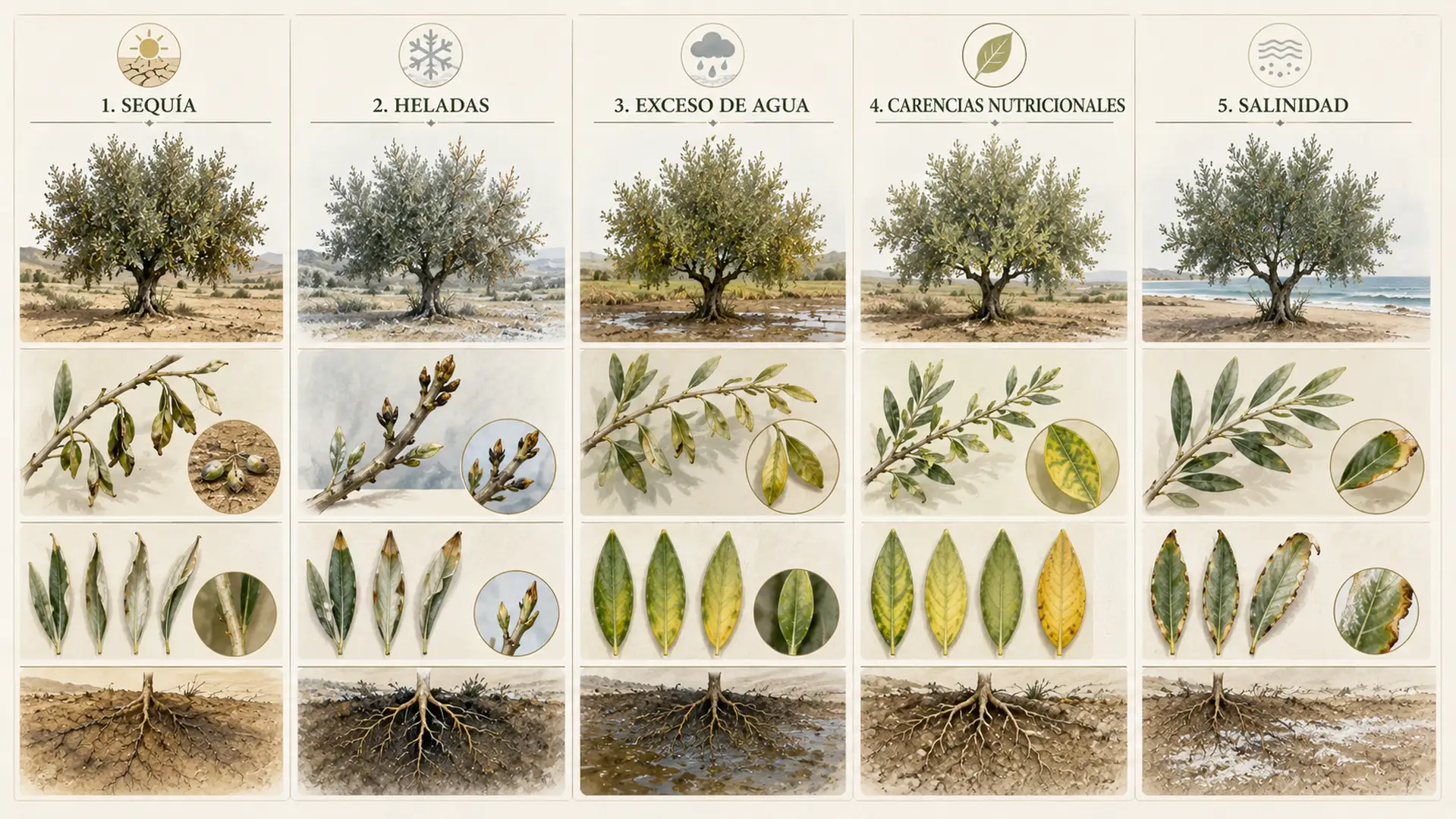 Infografía comparativa mostrando síntomas de sequía, heladas, exceso de agua, carencias nutricionales y salinidad en el olivo.