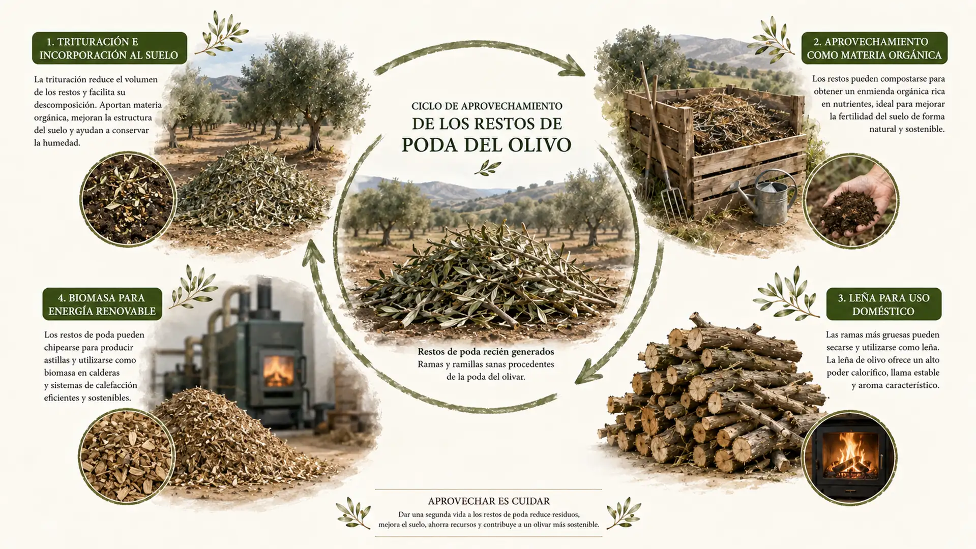 Infografía sobre diferentes formas de aprovechamiento de los restos de poda del olivo.