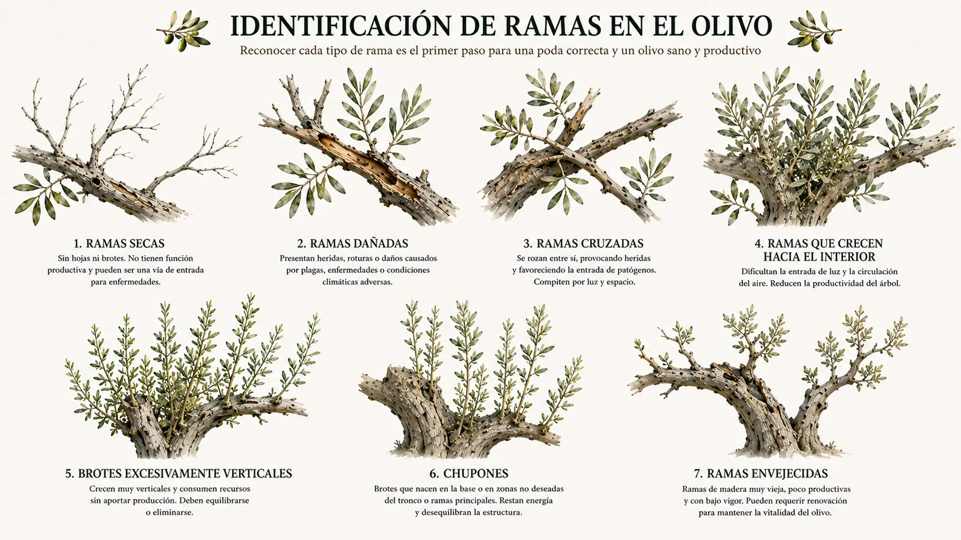 Lámina comparativa de ramas secas, dañadas, cruzadas, interiores y otros elementos que pueden requerir poda en un olivo.