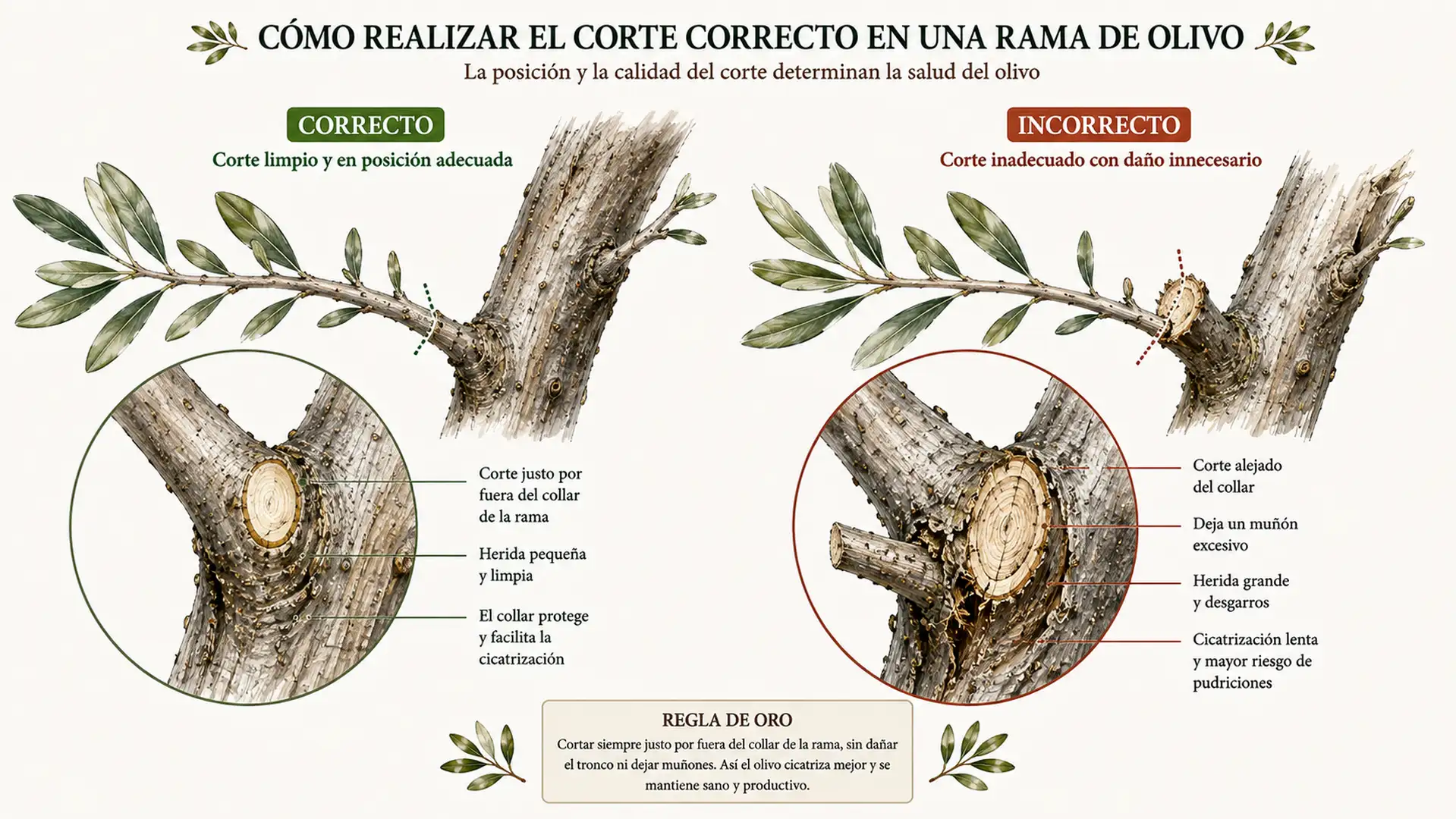 Comparativa entre un corte correcto y un corte incorrecto realizado sobre una rama de olivo.