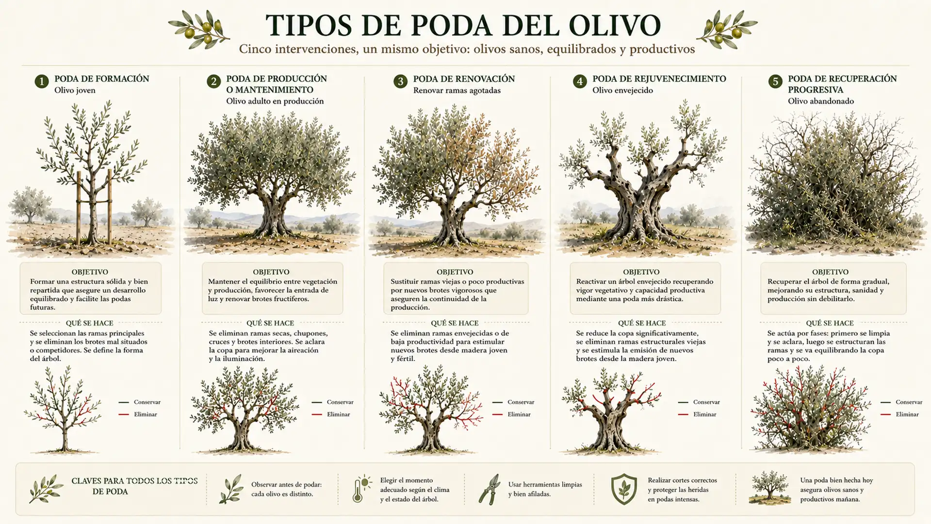Infografía comparativa de los principales tipos de poda del olivo según la edad y situación del árbol.