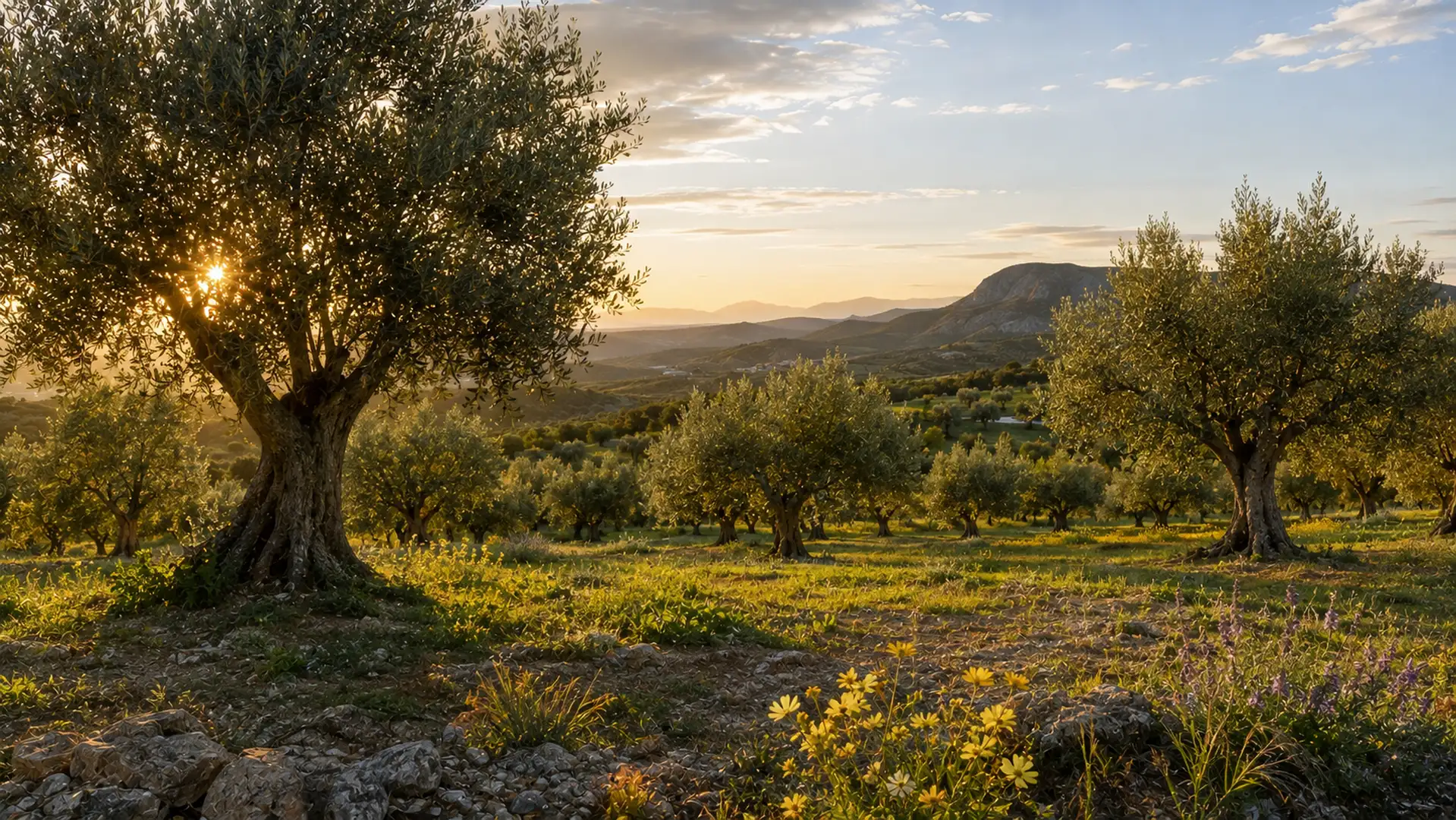 Paisaje de un olivar mediterráneo bien cuidado representando el equilibrio entre cultivo, biodiversidad y prevención.