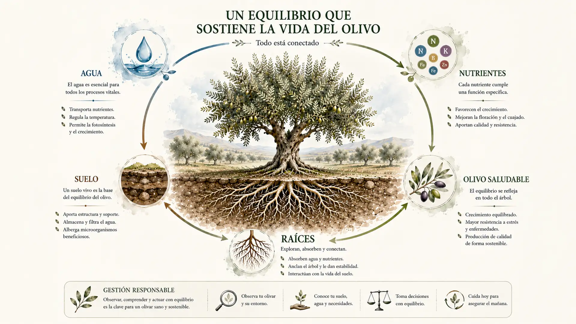 Infografía que representa la relación entre suelo, agua, nutrientes, raíces y desarrollo del olivo.
