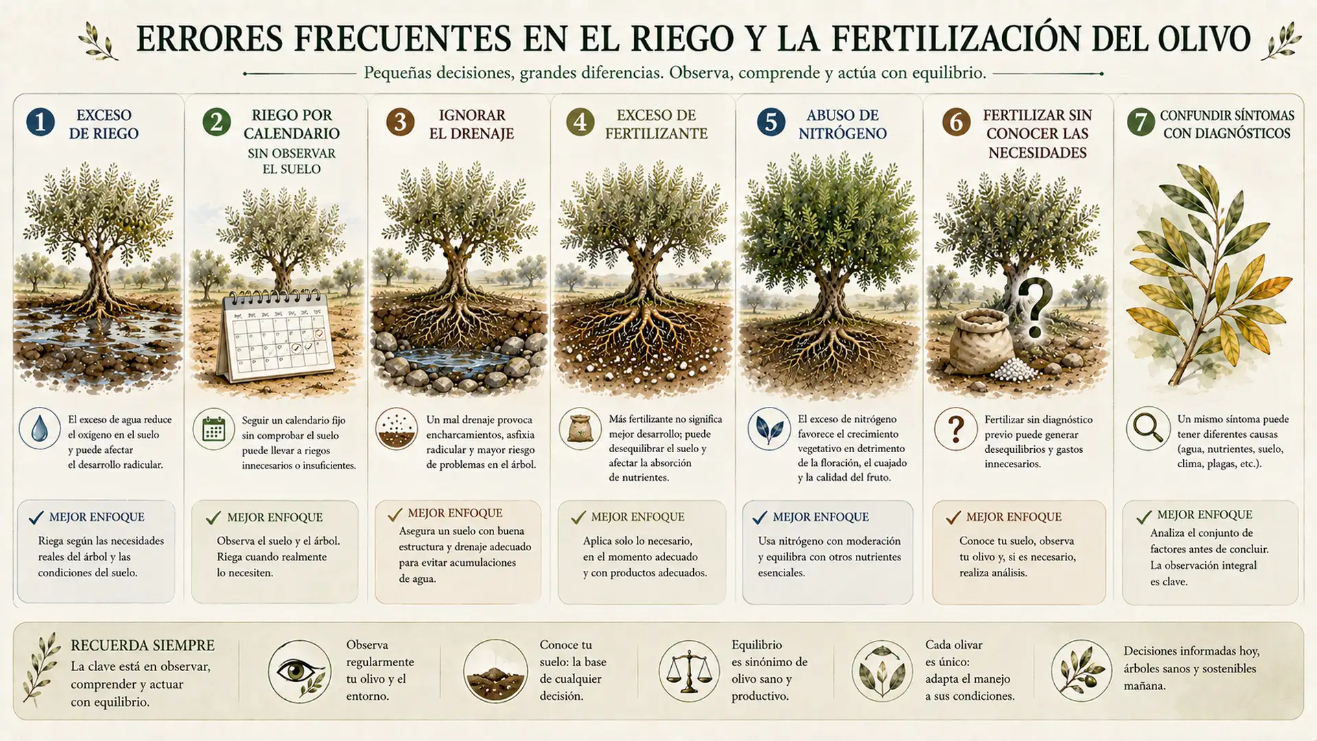 Infografía sobre errores habituales en el riego y la fertilización del olivo.