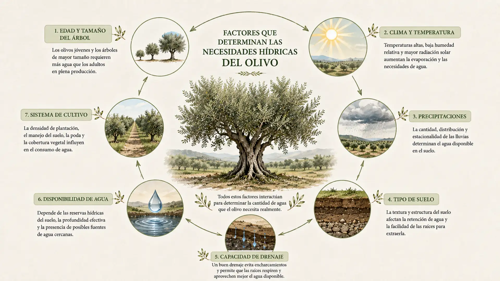 Infografía de los factores que influyen en las necesidades de agua de un olivo.