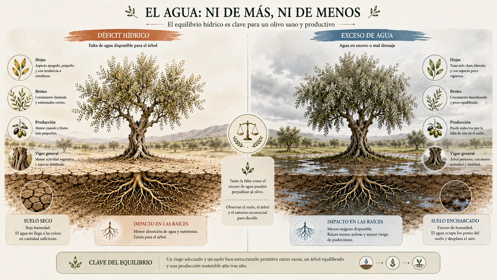 Comparativa entre un olivo con déficit hídrico y otro afectado por exceso de agua.