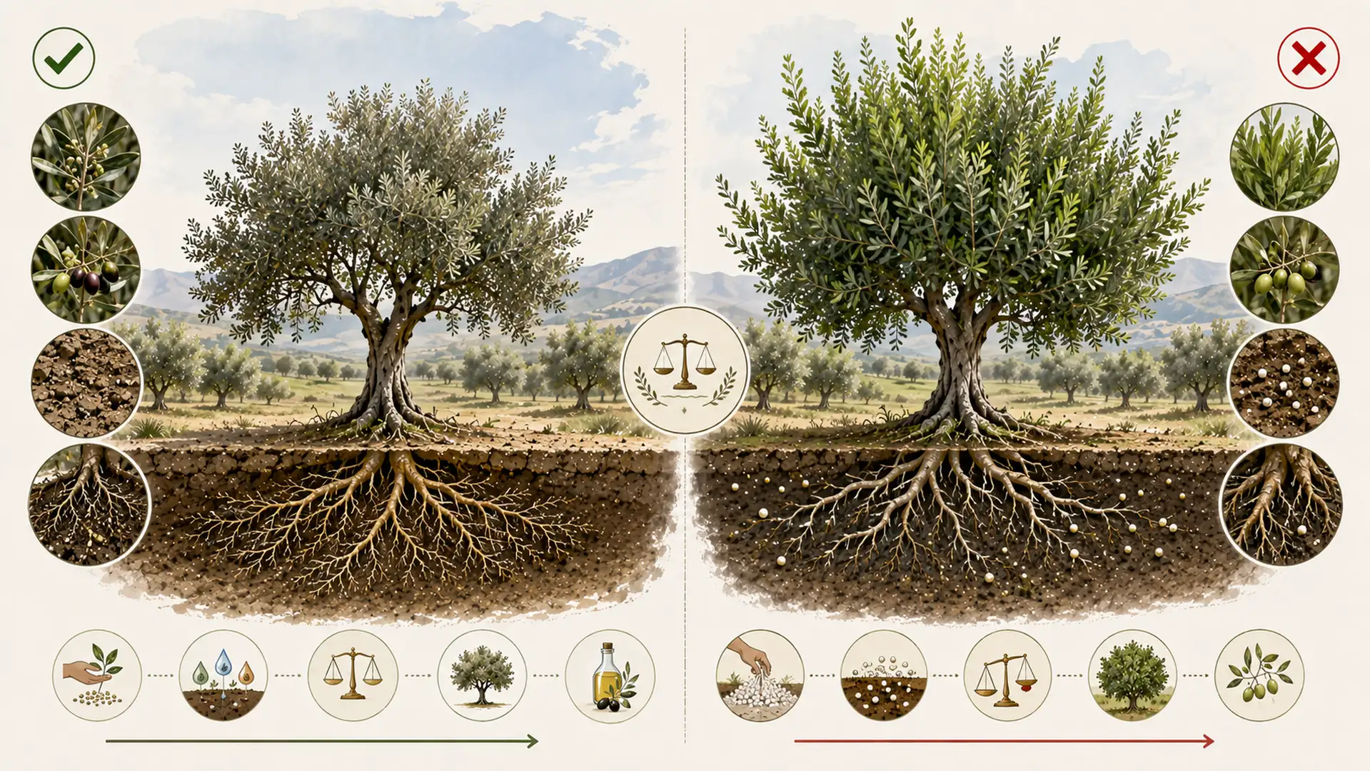 Comparativa entre un olivo con nutrición equilibrada y otro con crecimiento vegetativo excesivo.