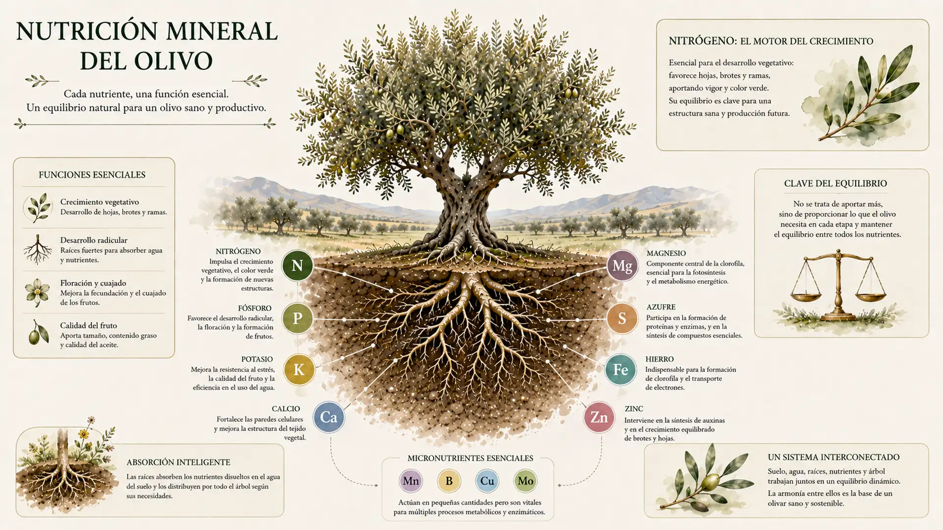 Infografía sobre los principales nutrientes necesarios para el desarrollo del olivo.