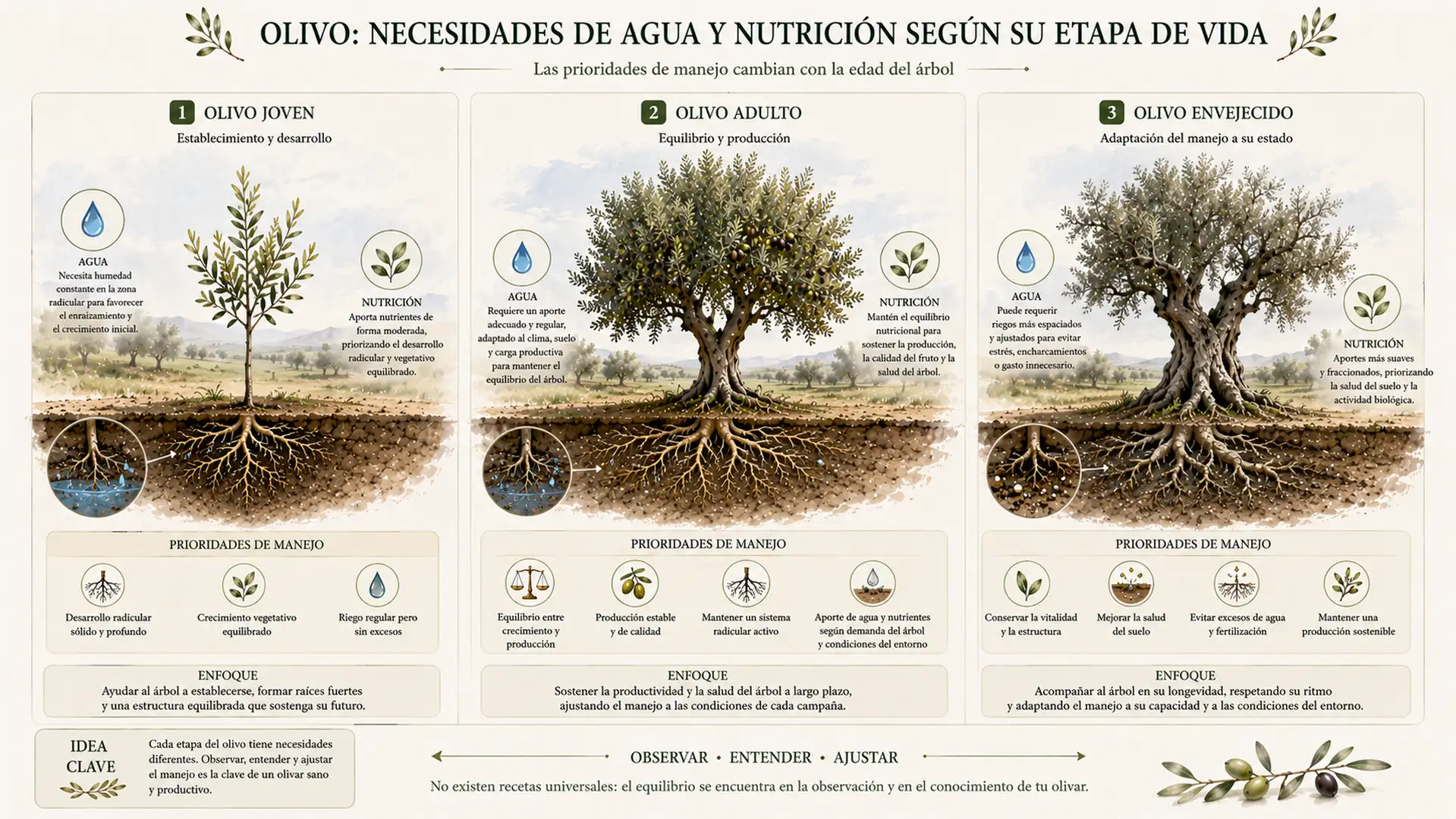 Comparativa de las necesidades de agua y nutrientes de olivos jóvenes, adultos y envejecidos.