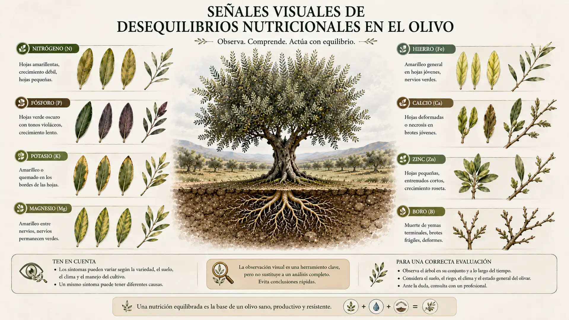 Infografía con posibles alteraciones visuales relacionadas con desequilibrios nutricionales del olivo.
