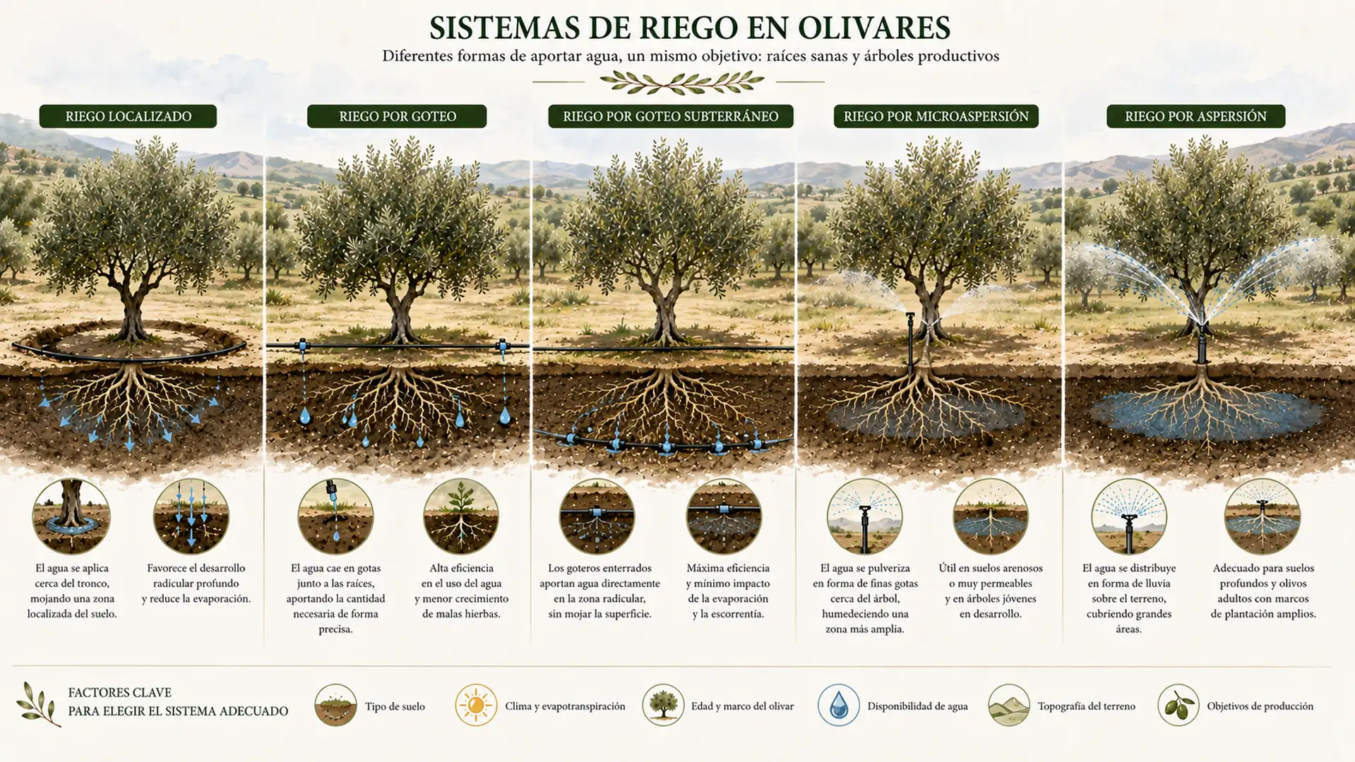 Comparativa visual de diferentes sistemas de riego utilizados en el olivar.
