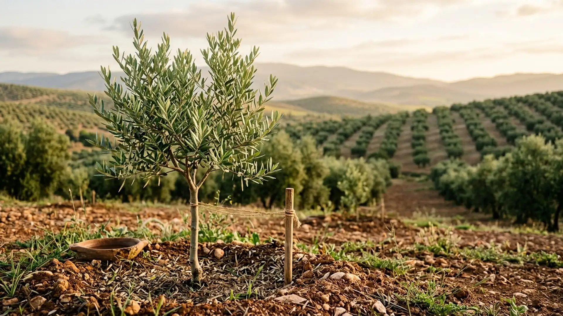 Olivo muy joven en la colina de un olivar