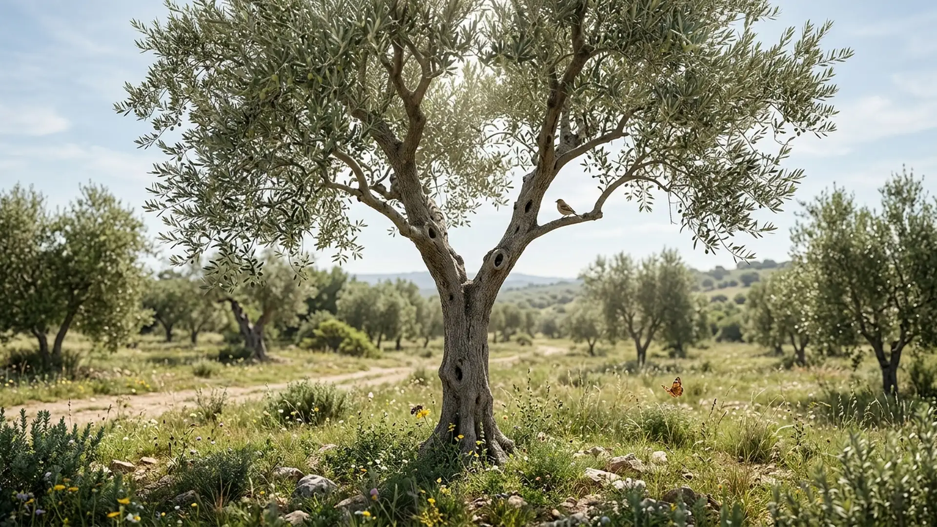 Árbol de olivo joven en el campo con animales a su alrededor